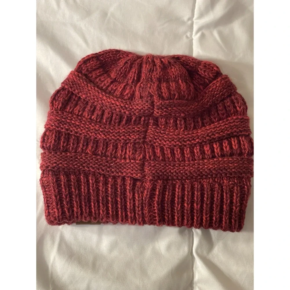 C.C Stretch Burgundy Cable Knit‎ Ribbed Super Soft Faux Fur Pom Pom Beanie Hat